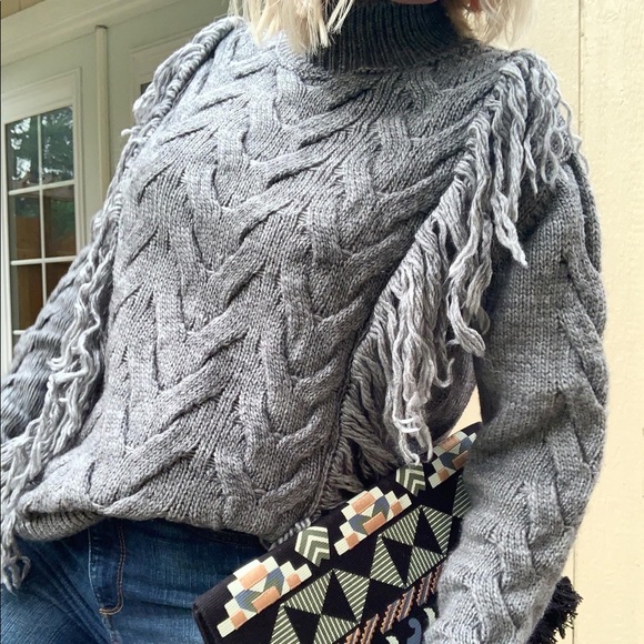 Topshop Sweaters - Topshop Fringe Cable Knit Mock Neck Sweater Size 8